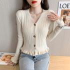 Long-sleeve V-neck Button-up Frill Trim Knit Top