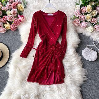 V-neck Sequin Drawstring Long-sleeve Dress