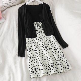 Print Sleeveless Dress / Plain Slim-fit Cardigan