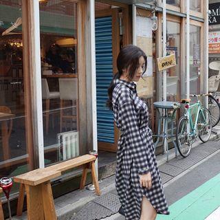 Long-sleeve Check Long Shirtdress With Sash