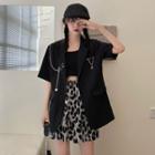 Elbow-sleeve Blazer / Leopard Print Mini A-line Skirt