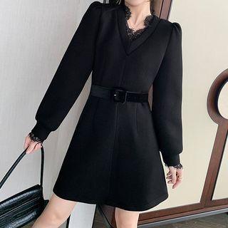 Long-sleeve V-neck Lace Trim Mini A-line Dress
