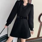 Long-sleeve V-neck Lace Trim Mini A-line Dress