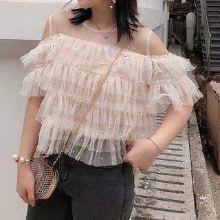 Cutout Shoulder Sequined Short-sleeve Mesh Top