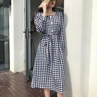Check Long-sleeve Midi A-line Dress Check - Black & White - One Size
