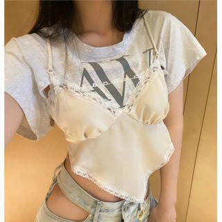Mock Two-piece Short-sleeve Lace Trim Crop Top Light Gray - One Size