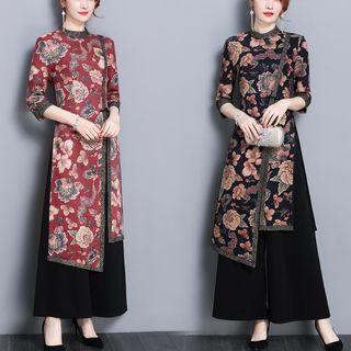 Set: Floral 3/4-sleeve Top + Wide Leg Pants