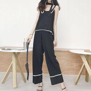 Set: Piped Wide-strap Top With Sash + Wide-leg Pants