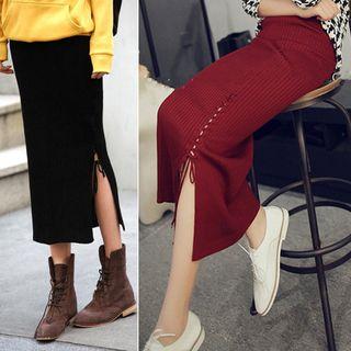 Lace Up Side Midi Knit Skirt