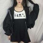 Spaghetti Strap A-line Mini Dress / Lettering Hooded Zip-up Jacket