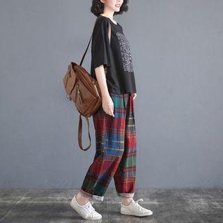 Set: Elbow-sleeve Print T-shirt + Plaid Harem Pants