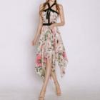Flower Print Halter Chiffon Dress