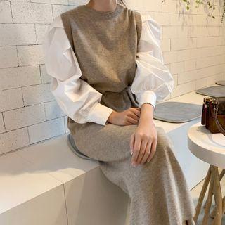 Puff-sleeve Tie Waist Knit Dress