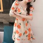 Short-sleeve Floral Mini A-line Dress Gold - One Size