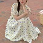Square-neck Puff-sleeve Floral Dress Almond - One Size