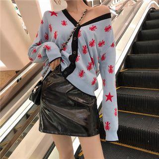 Spider Pattern Cardigan / A-line Patent Mini Skirt
