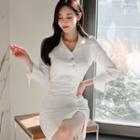 Long-sleeve Plain Asymmetric Ruched Side-slit Shirt Dress