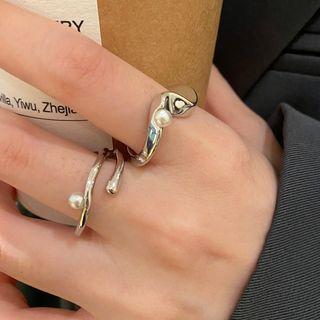 Set Of 2: Faux Pearl Alloy Open Ring (various Designs) Set Of 2 - White Faux Pearl - Silver - One Size