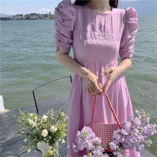 Elbow-sleeve Tie Neck Midi A-line Dress