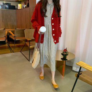 V-neck Cardigan / Long-sleeve Floral Print Midi Shirtdress