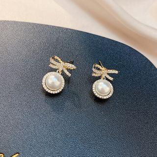 Rhinestone Bow Faux Pearl Dangle Earring 1 Pair - E1654 - Gold - One Size