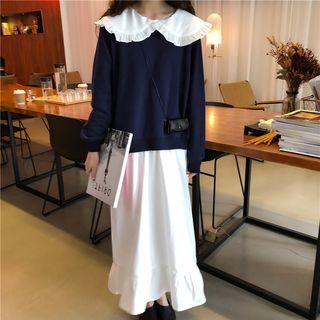 Mock Two-piece Collared Long-sleeve Midi Dress