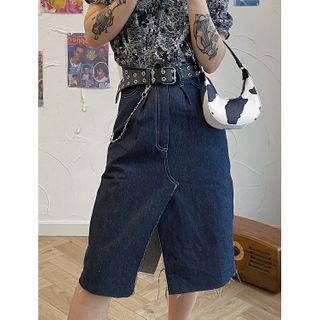 Contrast Stitching Denim Slit Midi A-line Skirt