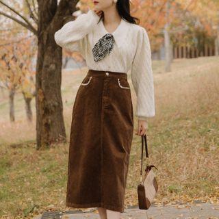 Set: Collared Cardigan + Midi A-line Skirt