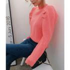 Mock-neck Puff-shoulder Rib-knit Top Pink - One Size