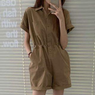 Short-sleeve Wide-leg Playsuit Coffee - One Size
