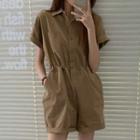 Short-sleeve Wide-leg Playsuit Coffee - One Size