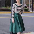 Set: Striped Long-sleeve Knit Top + Midi A-line Skirt