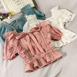 Eyelet Lace-trim Ribbon Crop Top