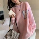 Stitched Heart-print Loose Sweater Pink - One Size