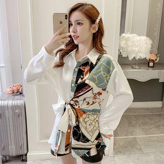 Long-sleeve Pattern Printed Tie Waist Shirt