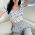 Puff-sleeve Lace Trim Floral Cropped T-shirt Blue Flowers - White - One Size