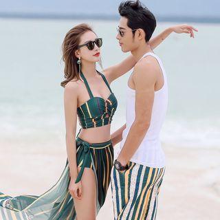 Couple Matching Set: Striped Bikini + Cover-up + Beach Shorts