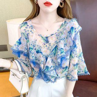 Short-sleeve Cold Shoulder Rhinestone Floral Chiffon Blouse