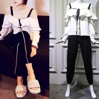 Off-shoulder Ruffled Top / Slim-fit Pants