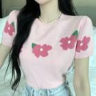 Floral Knit Crop Top Pink - One Size