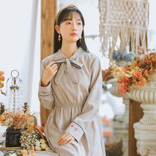 Embroidered Long Sleeve Tie-neck Dress