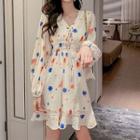 Flower Printed Dotted Long-sleeve A-line Dress