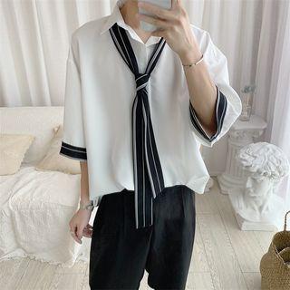 Stripe Panel Tie-neck Elbow-sleeve Shirt