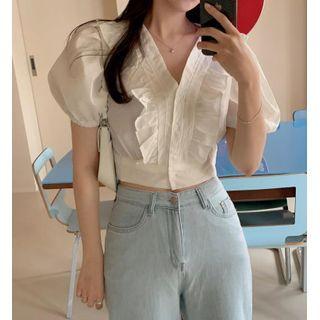 Short-sleeve Ruffle Cropped Blouse White - One Size