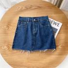 Frayed-hem Denim Mini A-line Skirt