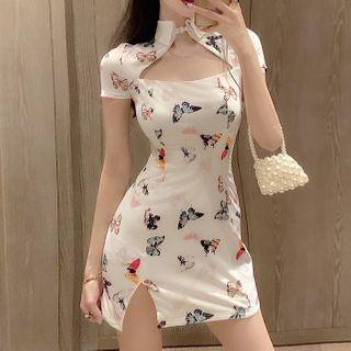 Butterfly Print Short-sleeve Mini Sheath Dress