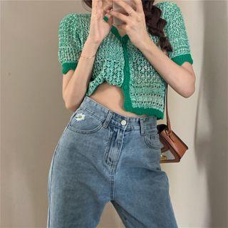 Short-sleeve Pointelle Knit Cardigan Green - One Size