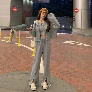 High-waist Slit Wide-leg Pants / Crop Tank Top / Zip-up Hoodie / Set