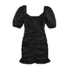 Puff-sleeve Shirred Ruffle Hem Mini Bodycon Dress