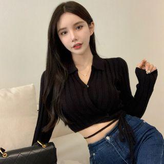 V-neck Tie-waist Crop Knit Top